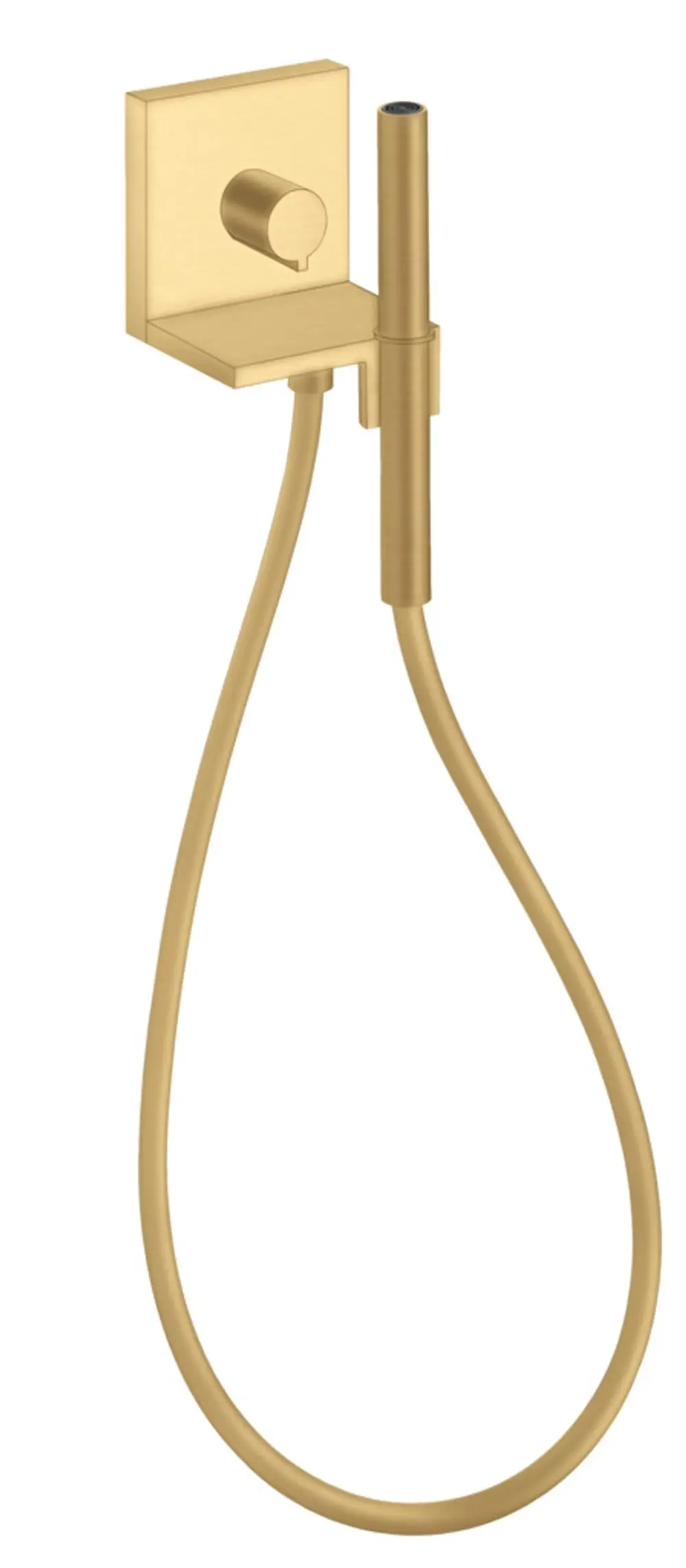Handbrausemodul in gebürstetem Goldton von AXOR, bestehend aus einer Wandplatte mit einem Wasserauslauf und einem flexiblen Schlauch.